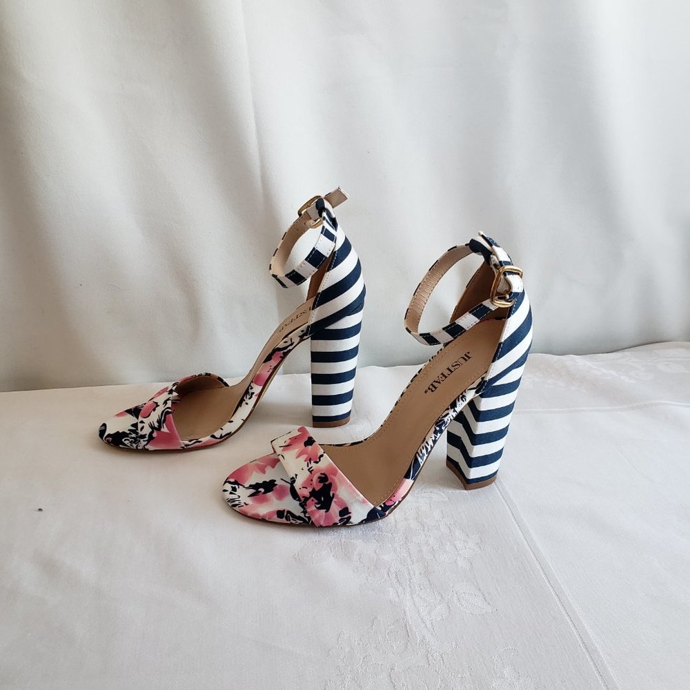 Size 7 JustFab Lena 4" Block heal sandal. Stripes and Floral.  Ankle strap. - Picture 6 of 12